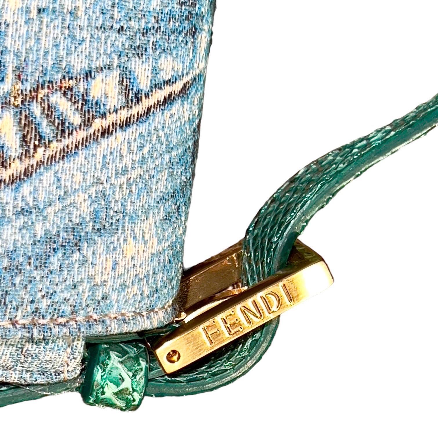 Women's UNWORN Fendi Exotic Gold Metallic Lurex Jeans Print Baguette Hand Bag