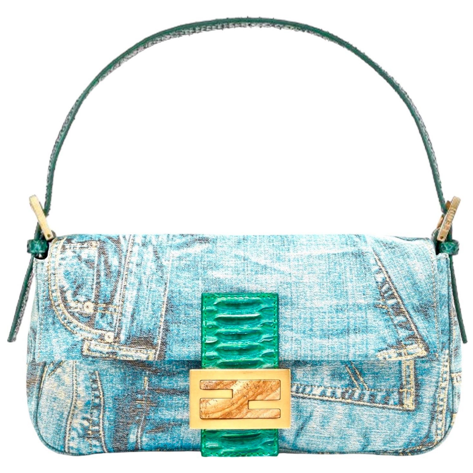 UNWORN Fendi Exotic Gold Metallic Lurex Jeans Print Baguette Hand Bag
