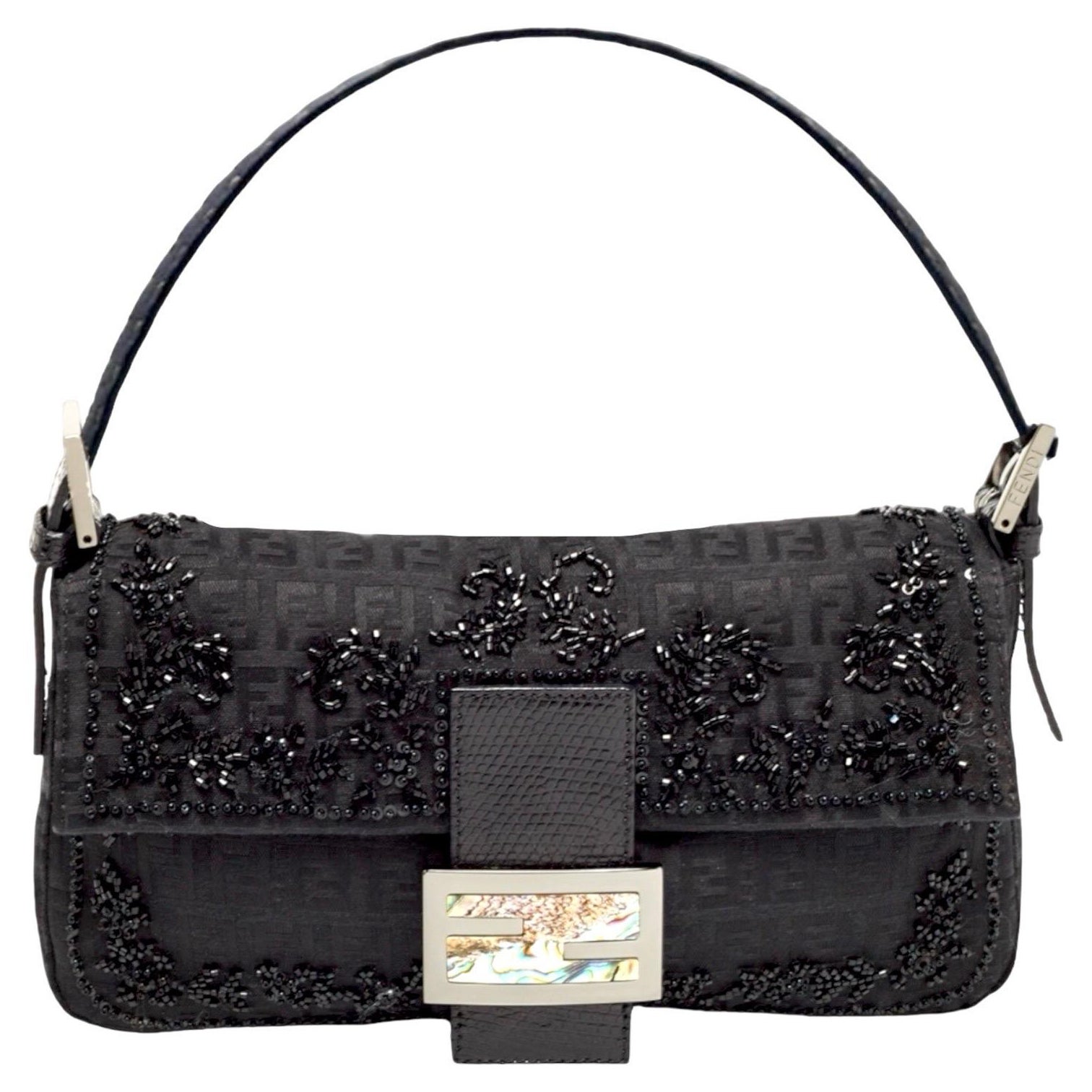 Bolso Baguette Bordado Fendi Y2K Exotic Negro FF Logo Zucchino Abalone