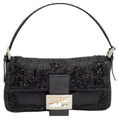 UNWORN Fendi Y2K Exotic Black FF Logo Zucchino Abalone Embroidered Baguette Bag