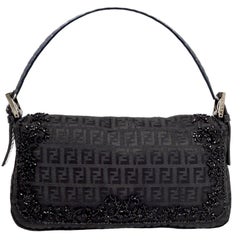 UNWORN Fendi Y2K Exotic Black FF Logo Zucchino Abalone Embroidered Baguette Bag