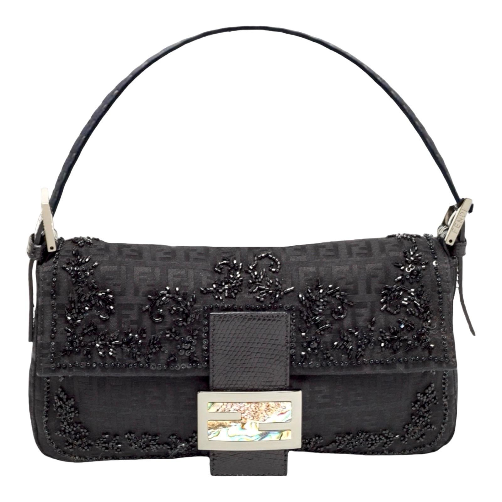 UNWORN Fendi Y2K Exotic Black FF Logo Zucchino Abalone Embroidered Baguette Bag In Excellent Condition For Sale In Switzerland, CH