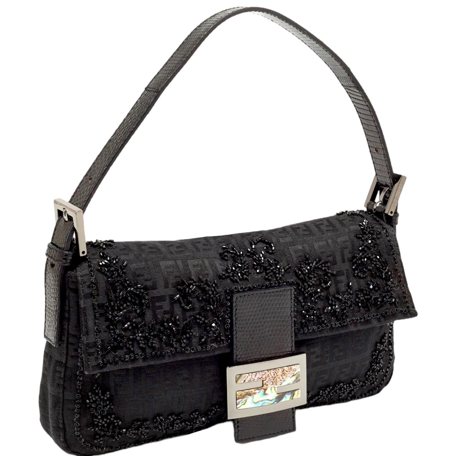 Women's UNWORN Fendi Y2K Exotic Black FF Logo Zucchino Abalone Embroidered Baguette Bag For Sale