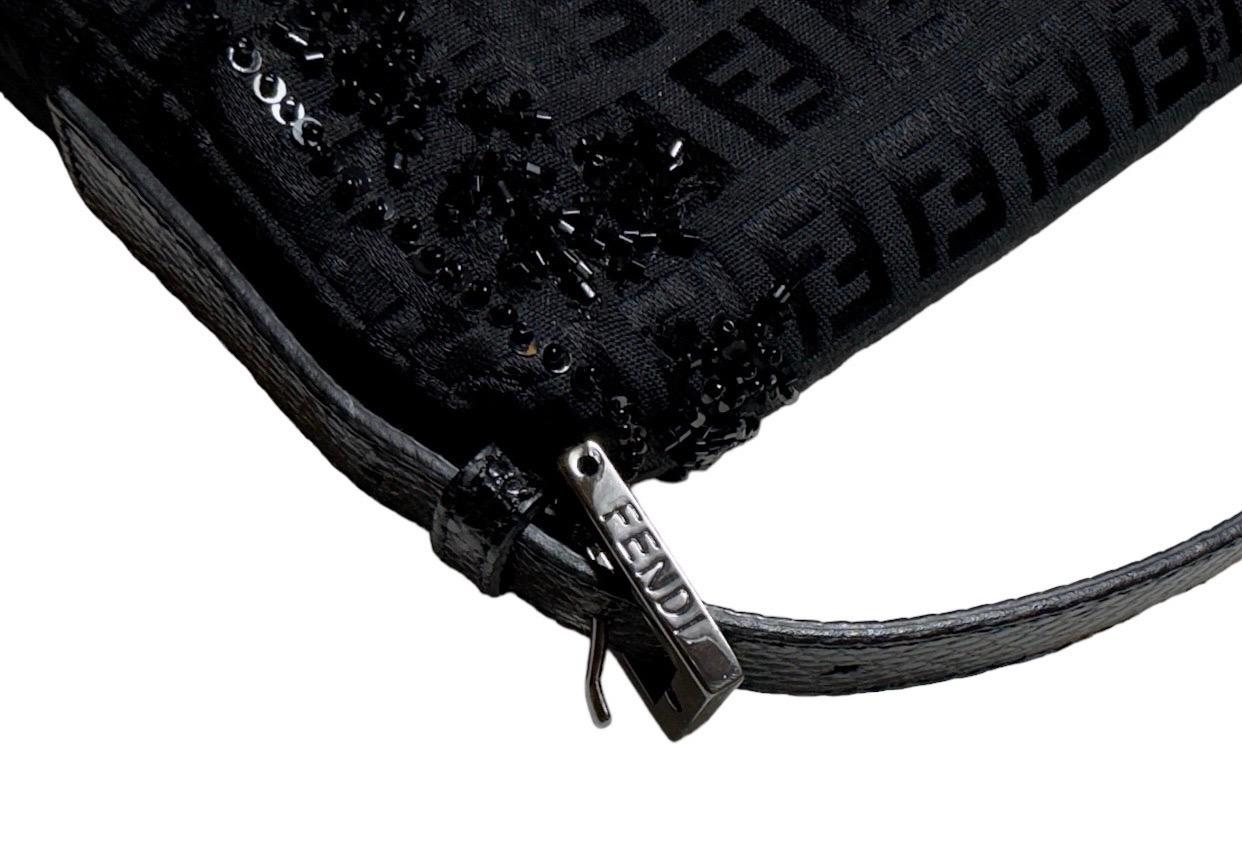 UNWORN Fendi Y2K Exotic Black FF Logo Zucchino Abalone Embroidered Baguette Bag For Sale 3