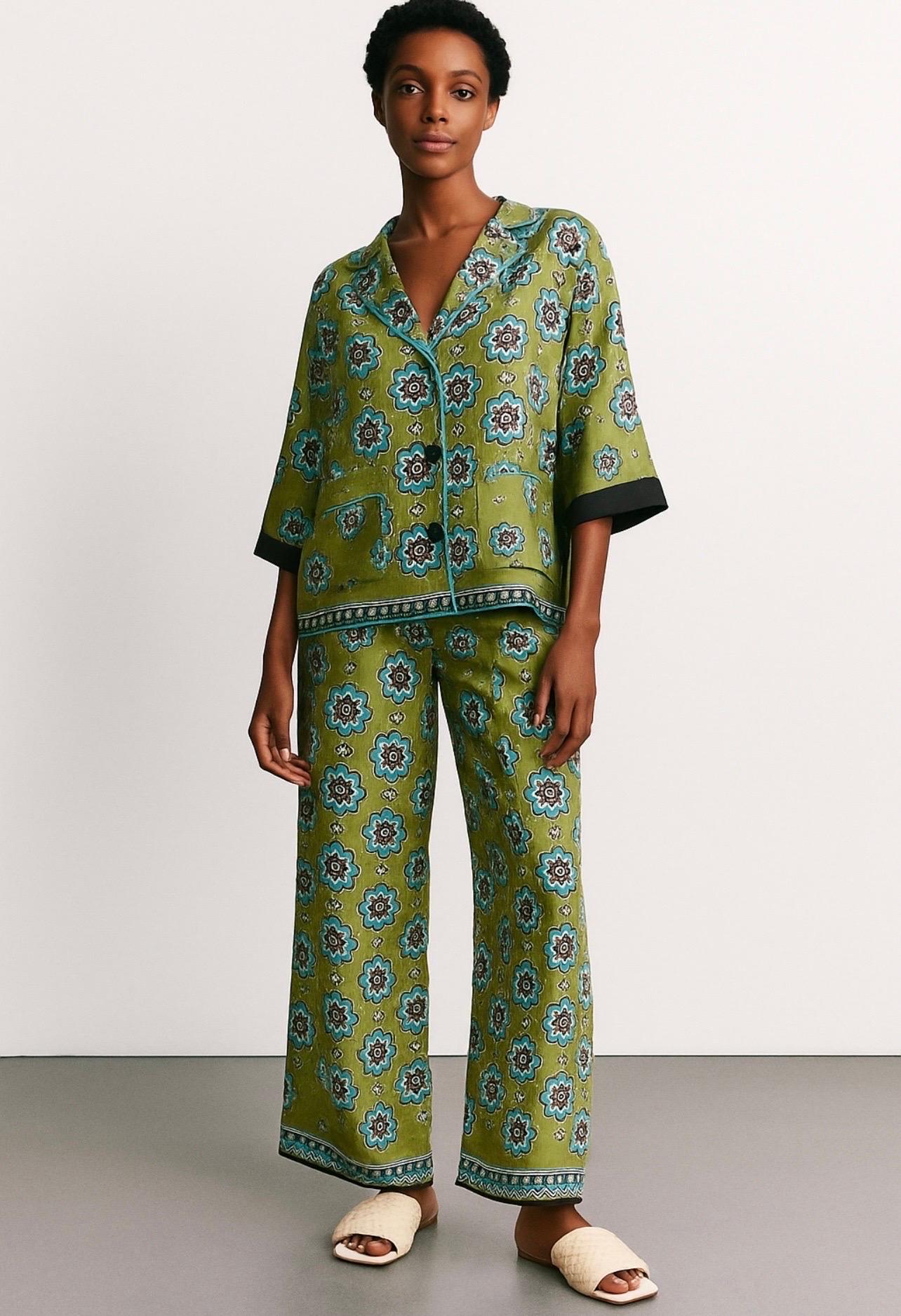 UNWORN F.R.S For Restless Sleepers FRS Arabesque Palazzo Pants Lounge Silk Suit For Sale 9