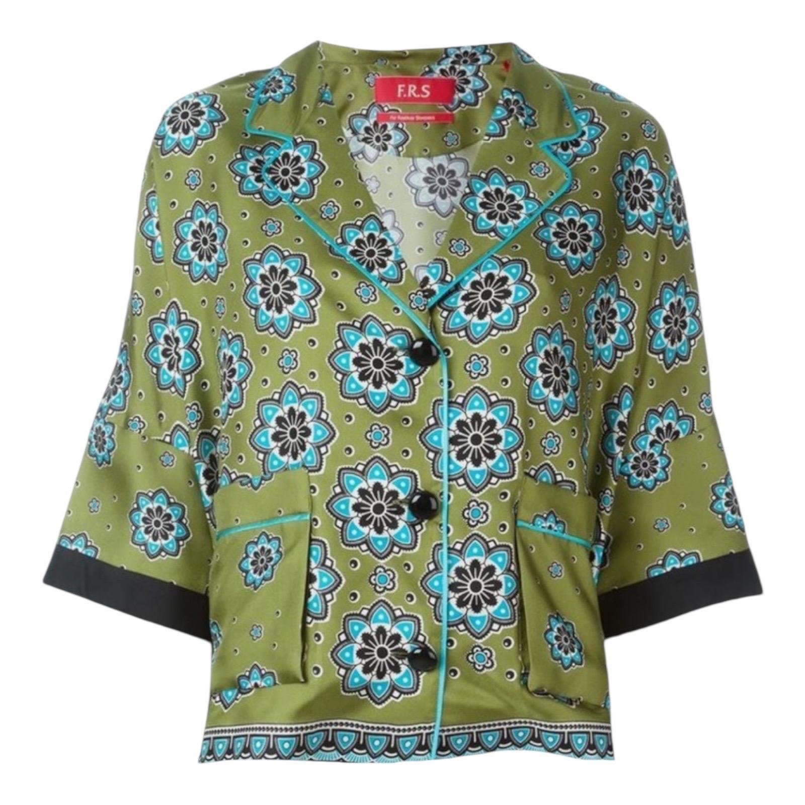 A stunning silk suit designed by FOR RESTLESS SLEEPERS FRS.
This amazing suit is consisting of 2 pieces - jacket and palazzo pants:

This stunning F.R.S jacket is cut in a relaxed loose fit and creates an effortless elegant look. Beautiful, lush