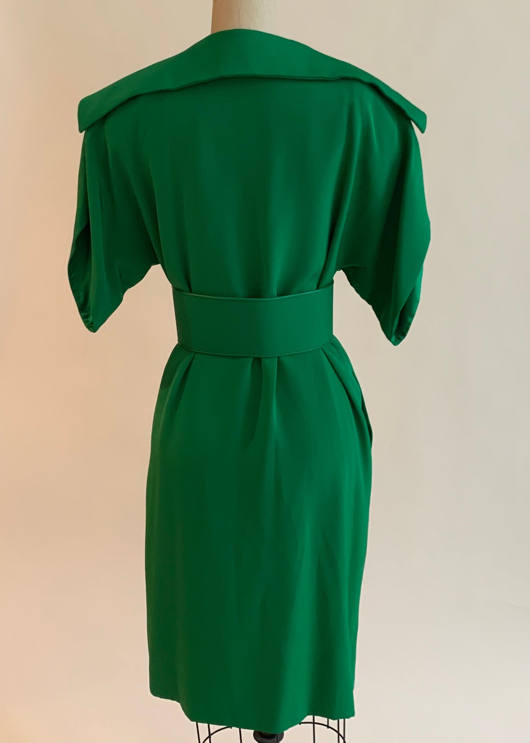 Women's Unworn Galanos 1980s Kelly Green Coat Dress with Draped Shawl Collar