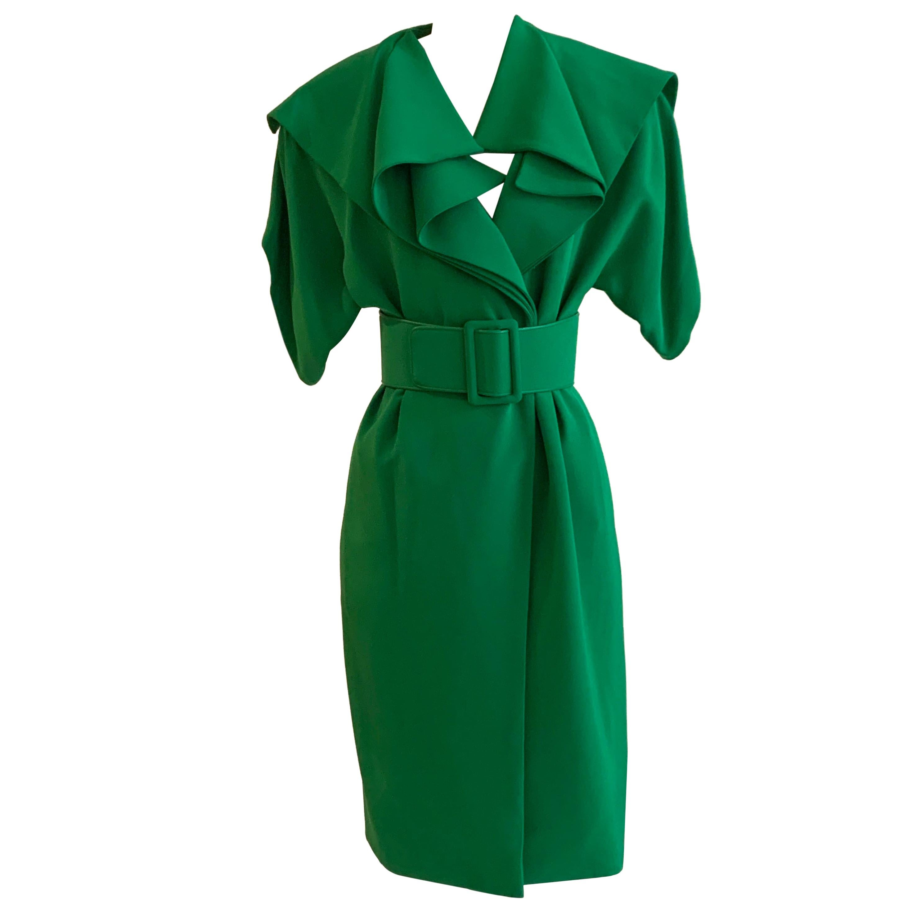 Unworn Galanos 1980s Kelly Green Coat Dress with Draped Shawl Collar