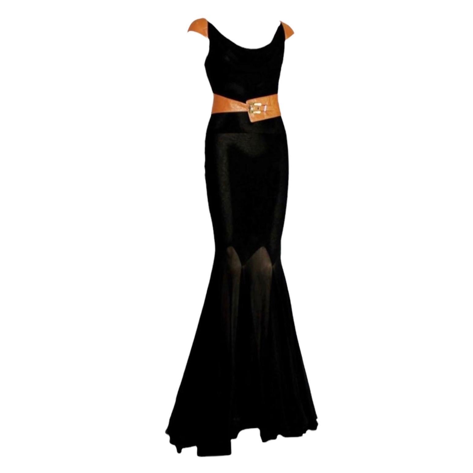 Women's UNWORN Gianni Versace Couture FW 2001 Black Brown Belted Evening Dress Gown 40 For Sale