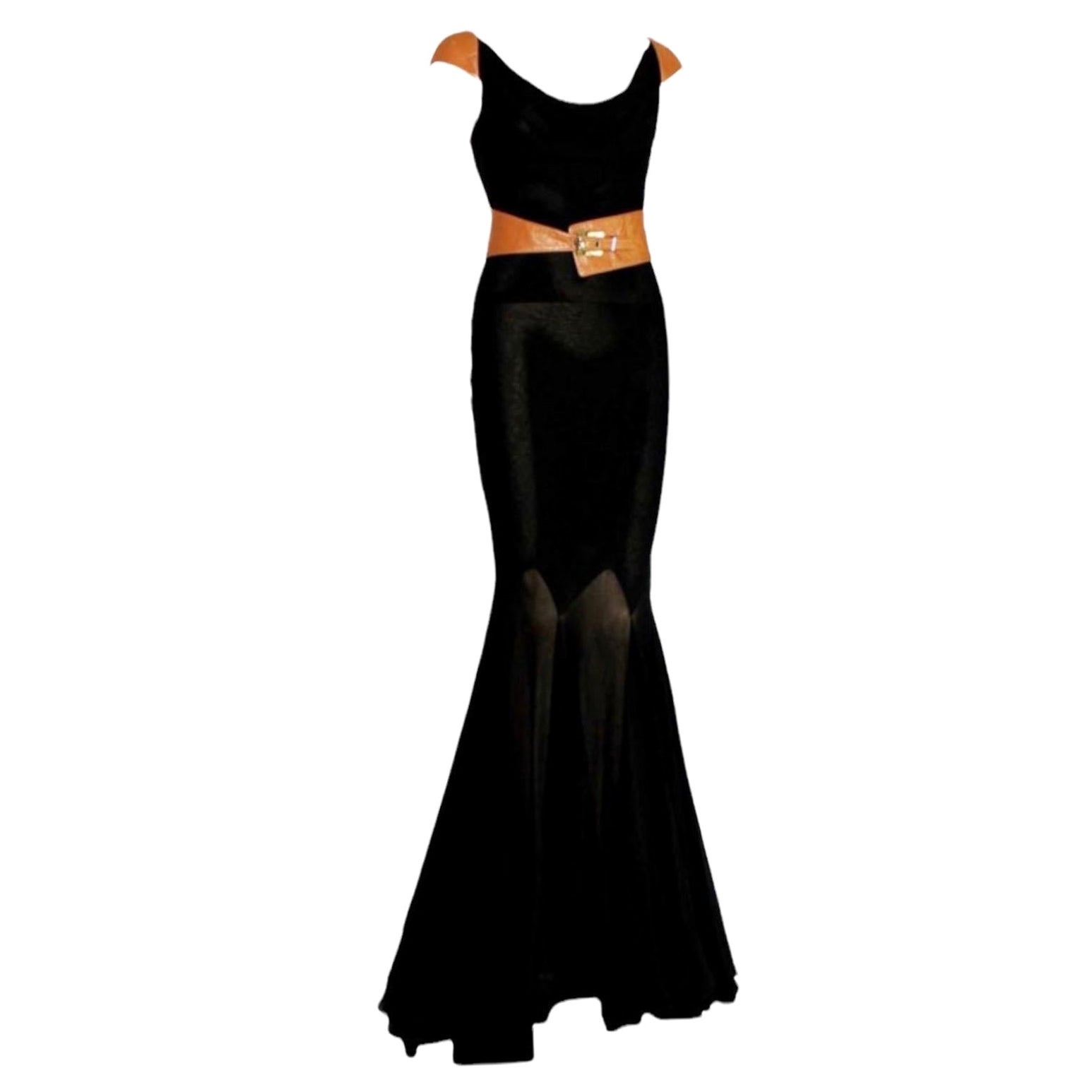 UNWORN Gianni Versace Couture FW 2001 Black Brown Belted Evening Dress Gown 40 For Sale