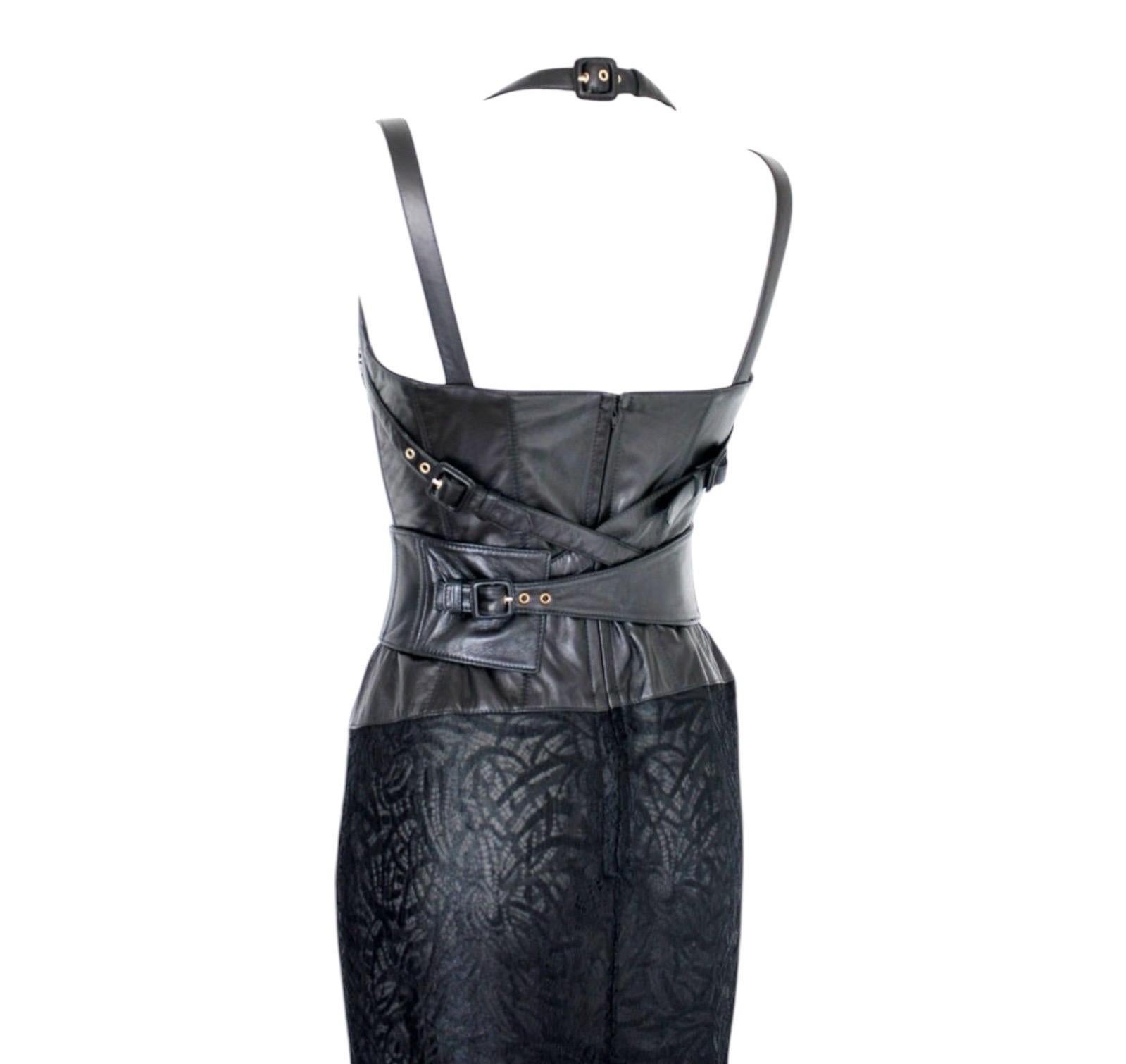 UNWORN Gianni Versace Couture FW 2001 Black Lace Leather Bondage Gown Dress 40 For Sale 1