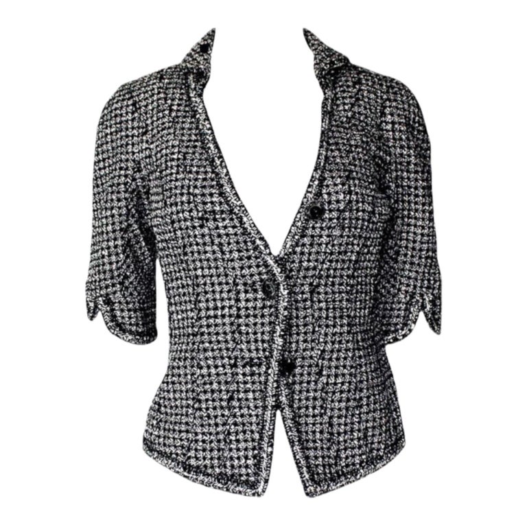 CHANEL black cotton SATIN LAPEL CROPPED Tweed Blazer Jacket 36 XS For Sale  at 1stDibs