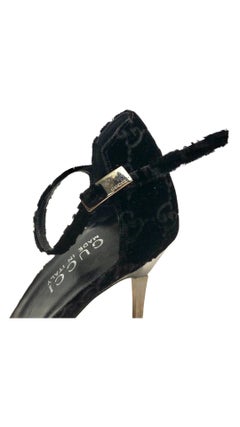 Gucci Black Pointy Velvet Monogram Strap Silver Plated High Heels