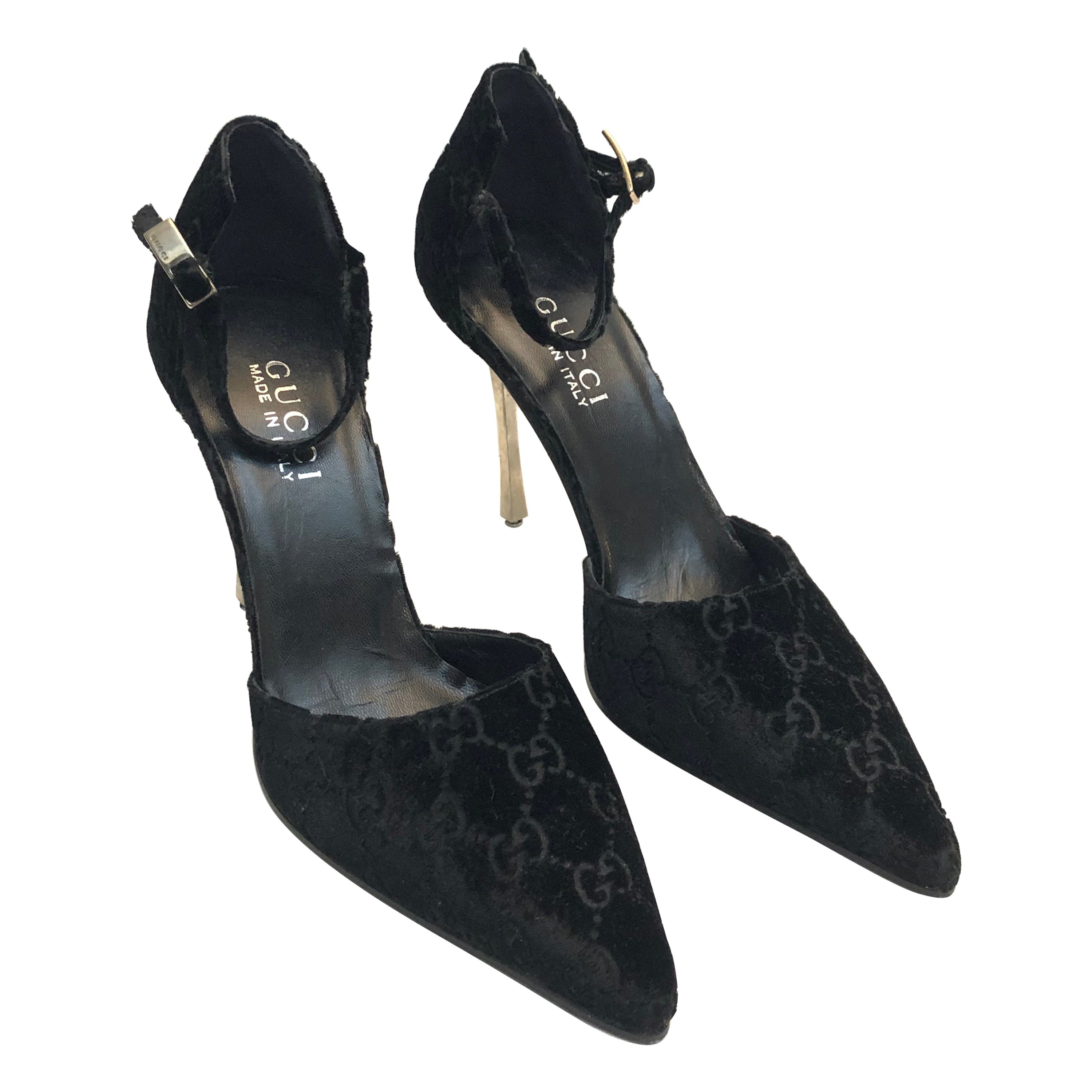 Gucci Black Pointy Velvet Monogram Strap Silver Plated High Heels  For Sale