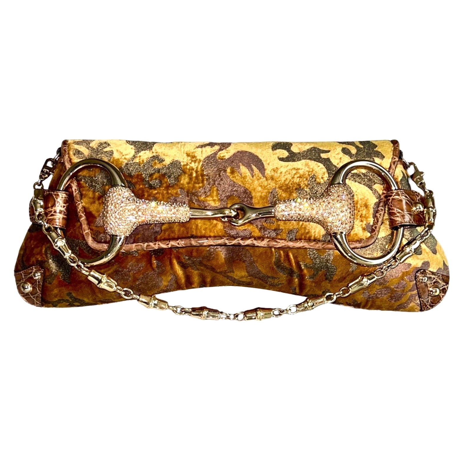 UNWORN Gucci by Tom Ford 2004 XL Exotic Velvet Crystal Encrusted Horsebit Clutch