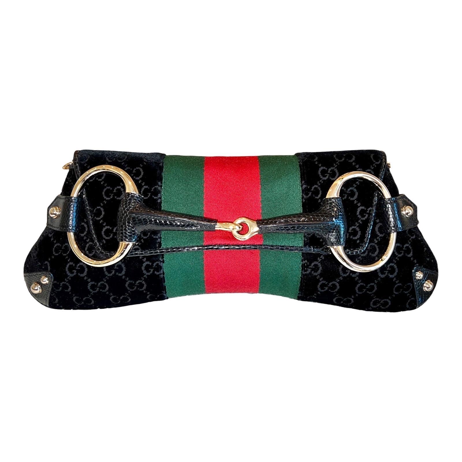 UNWORN Gucci by Tom Ford Web 2003/4 Velvet GG Logo Exotic Lizard Horsebit XL Bag For Sale 7