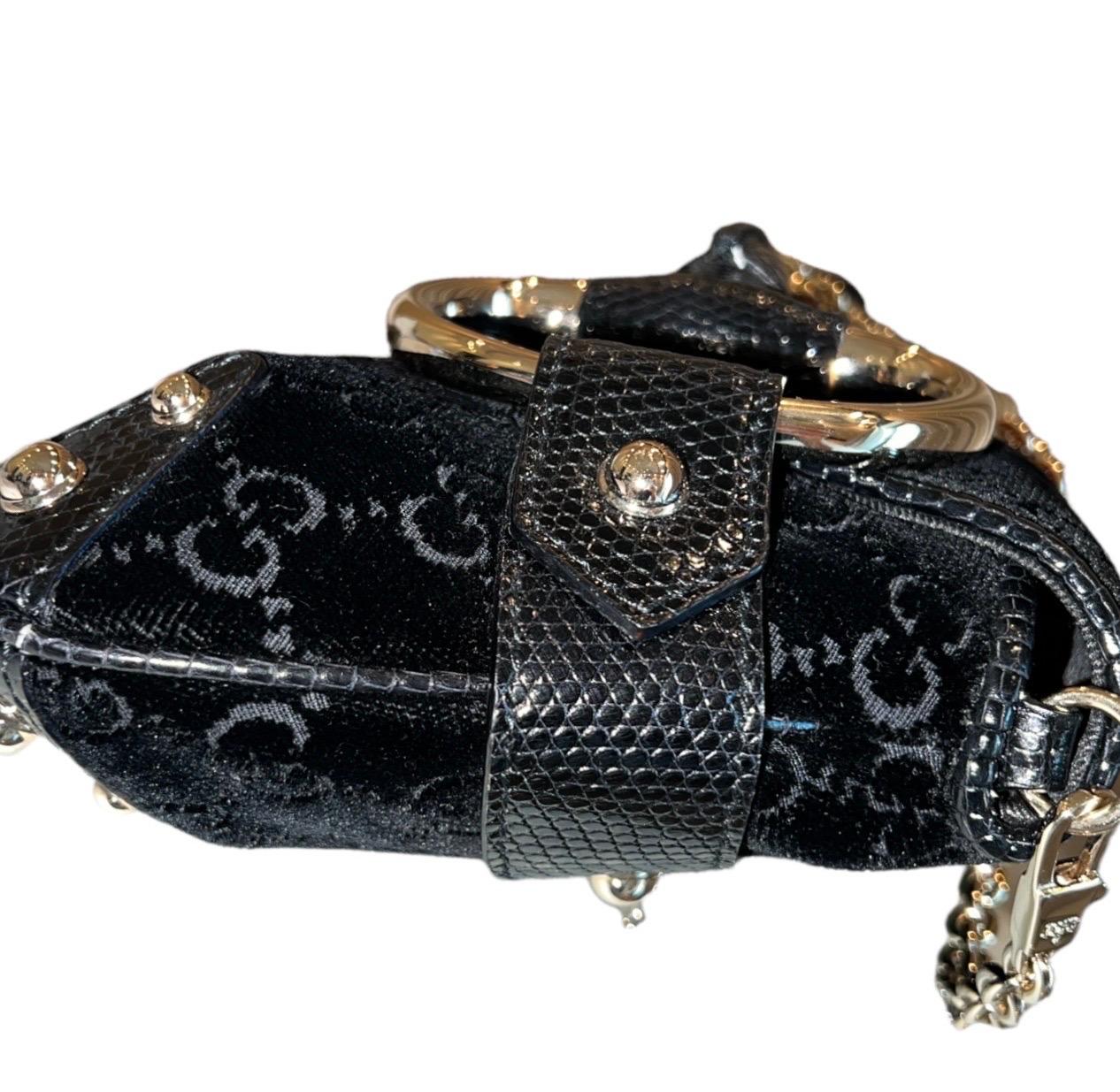 Women's UNWORN Gucci by Tom Ford Web 2003/4 Velvet GG Logo Exotic Lizard Horsebit XL Bag For Sale