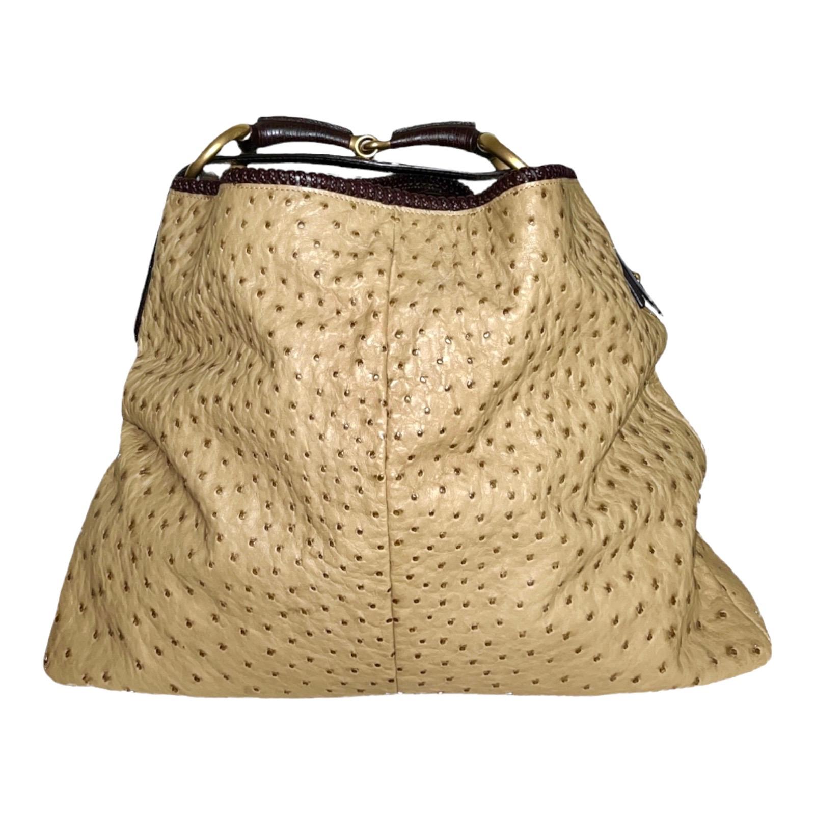 UNWORN Gucci Caramel Brown XL Ostrich Horsebit Detail Hobo Shoulder Bag