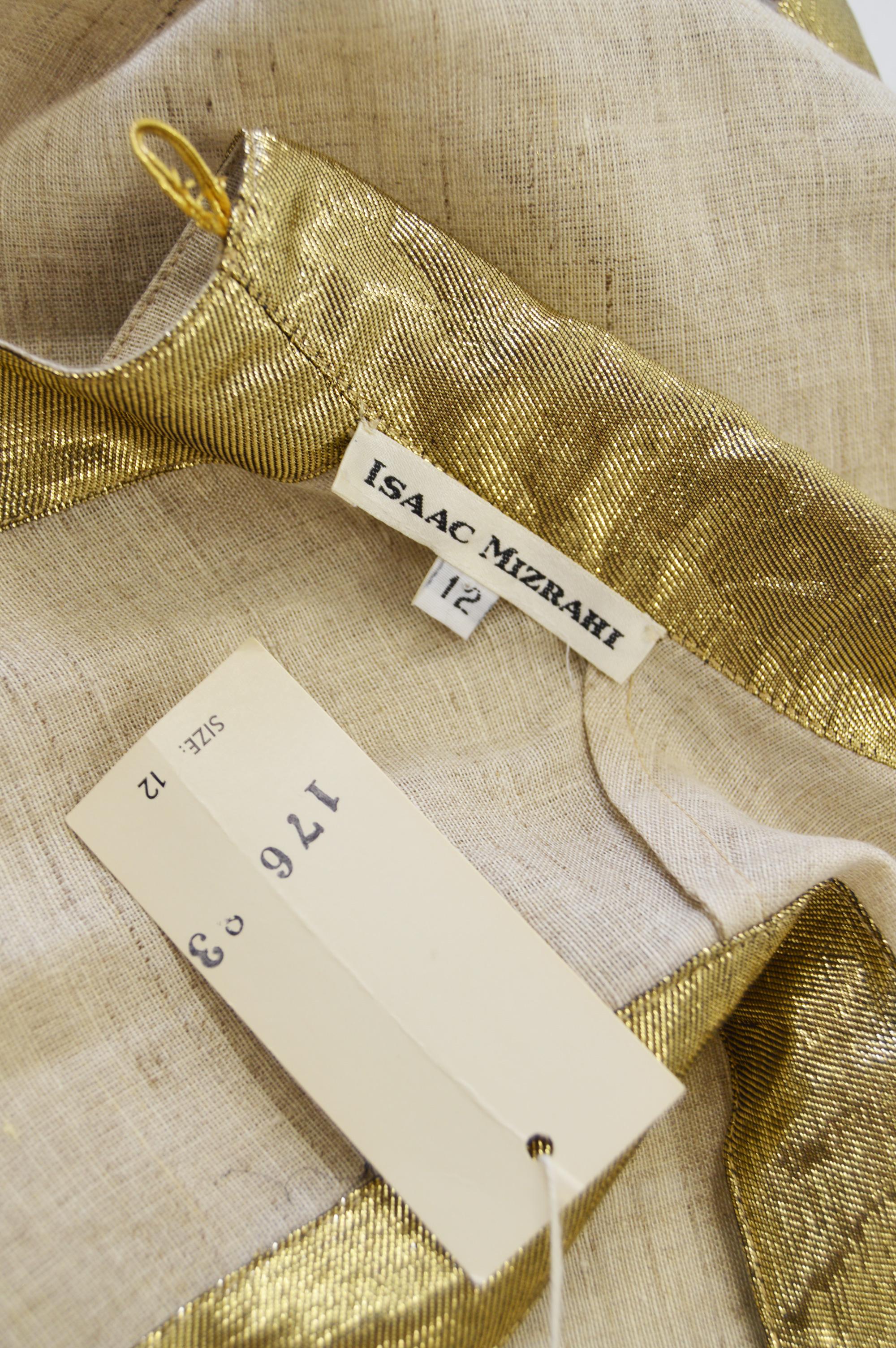 Unworn Isaac Mizrahi Pure Linen & Gold Lamé Vintage Open Back Blouse, 1990s 6