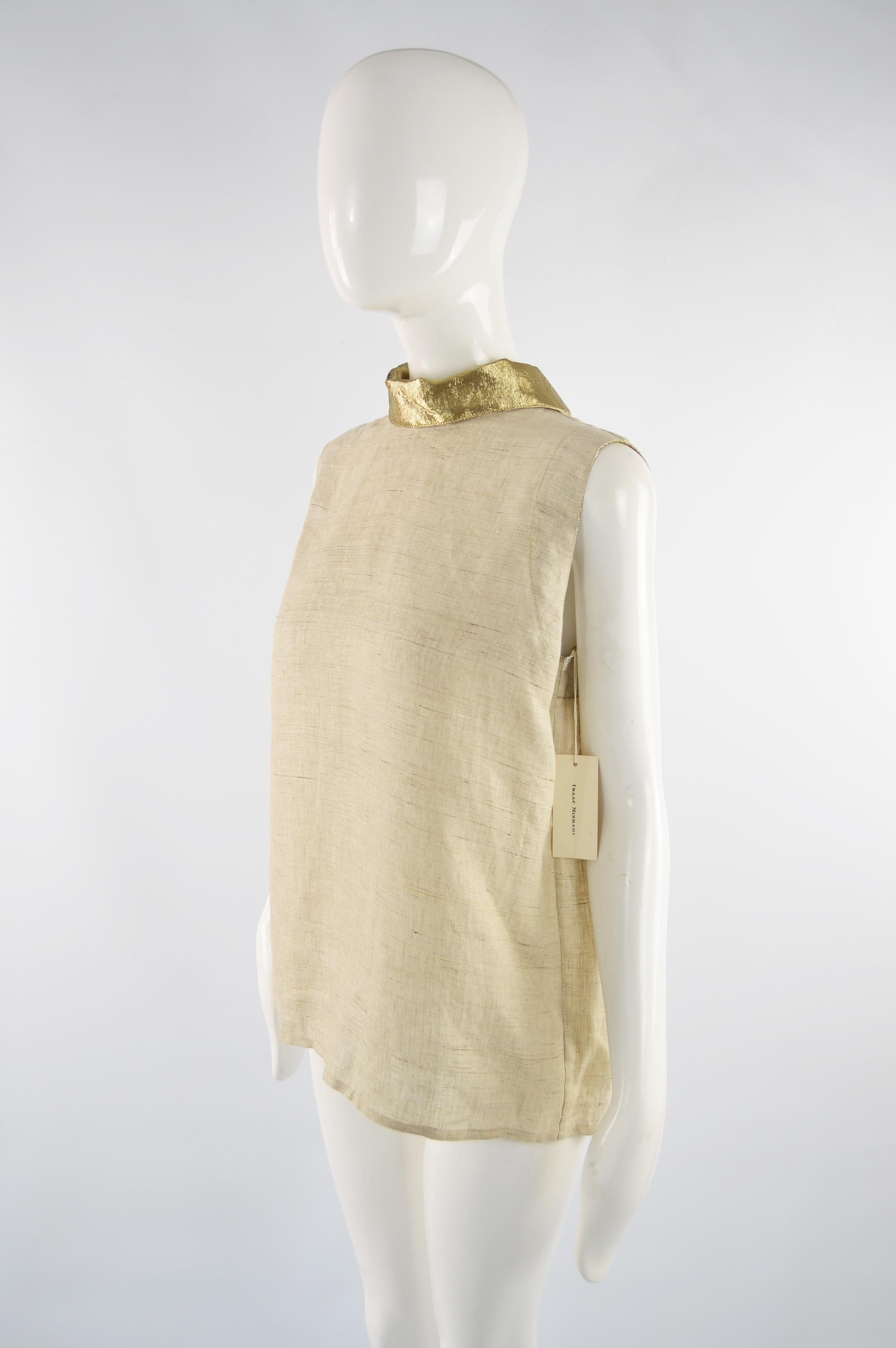 Unworn Isaac Mizrahi Pure Linen & Gold Lamé Vintage Open Back Blouse, 1990s In Excellent Condition In Doncaster, South Yorkshire