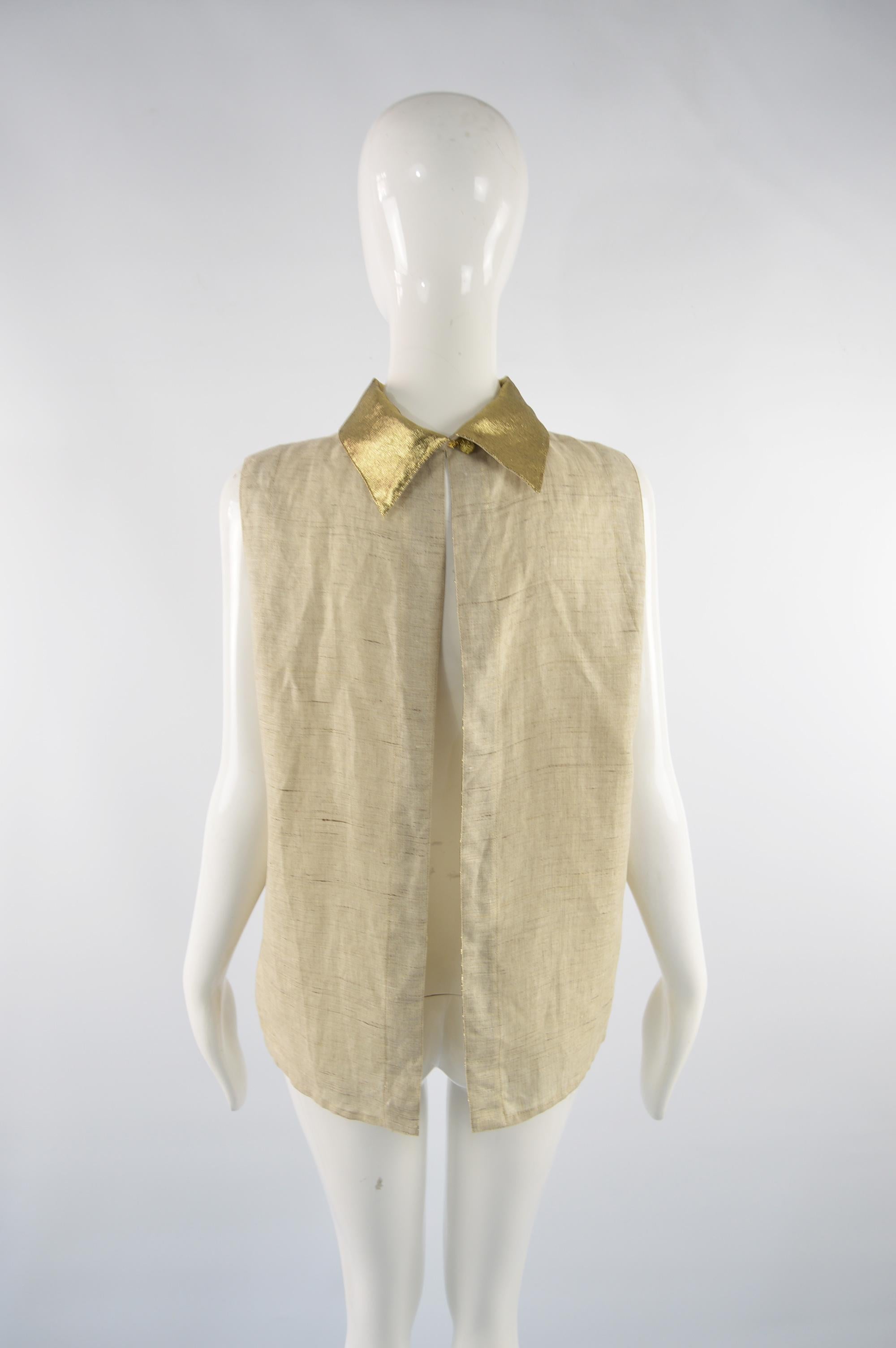 Unworn Isaac Mizrahi Pure Linen & Gold Lamé Vintage Open Back Blouse, 1990s 3