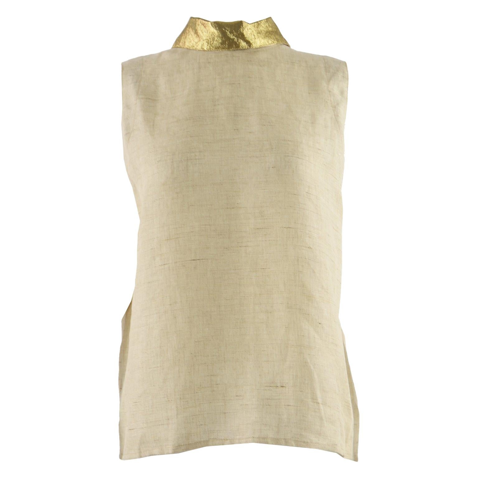 Unworn Isaac Mizrahi Pure Linen & Gold Lam�é Vintage Open Back Blouse, 1990s