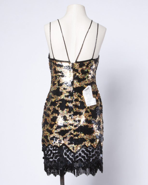 Vestido de seda de leopardo con flecos de lentejuelas doradas metalizadas Lillie Rubin sin usar Negro en venta