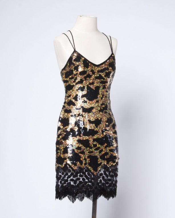 Vestido de seda de leopardo con flecos de lentejuelas doradas metalizadas Lillie Rubin sin usar en venta 1