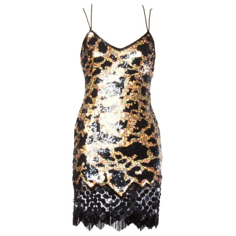 Vestido de seda de leopardo con flecos de lentejuelas doradas metalizadas Lillie Rubin sin usar en venta