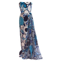 Unworn Lily Samii Blue and White Silk Abstract Circle Pattern Maxi Dress Gown