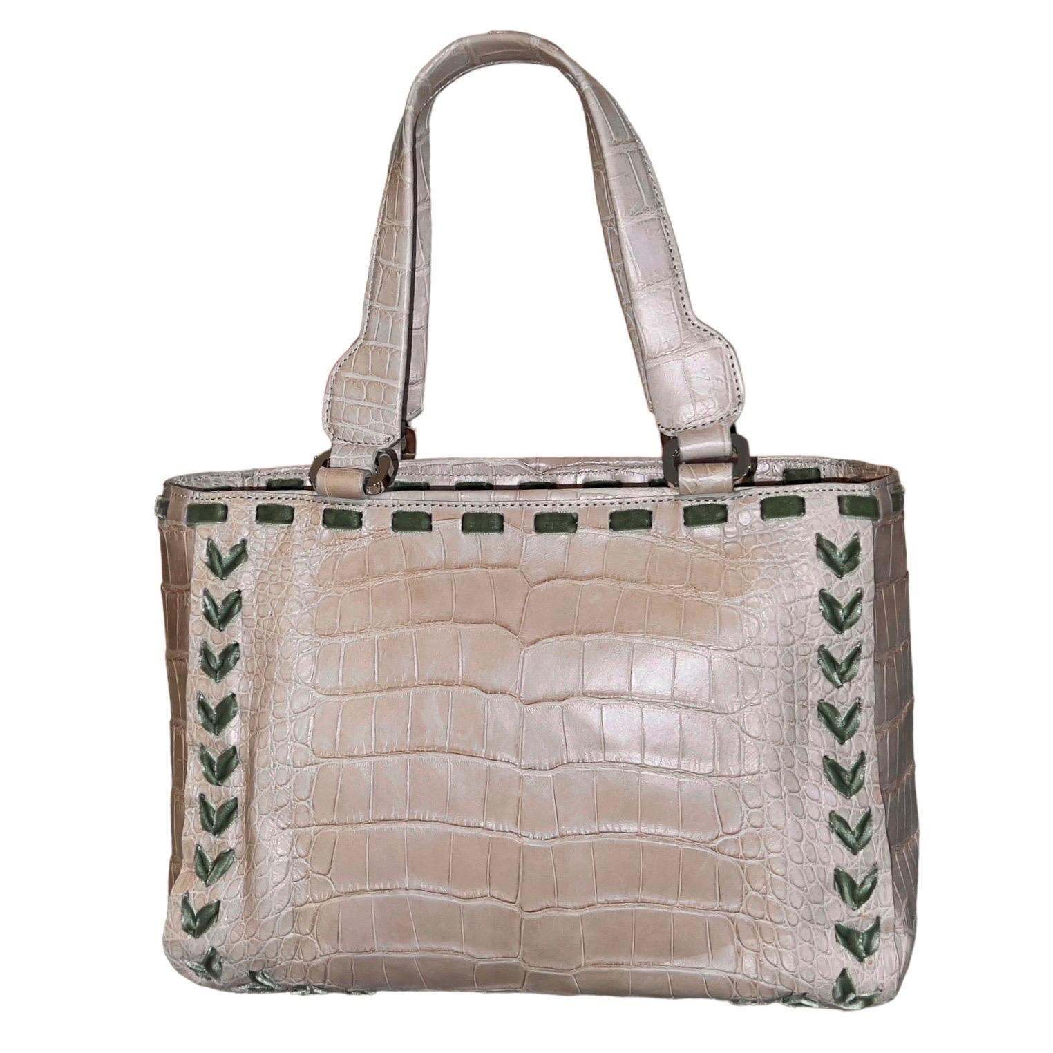 Gray UNWORN Malo Exotic Demi-Matte Crocodile Skin Hand Bag Velvet Ribbon Trimming For Sale