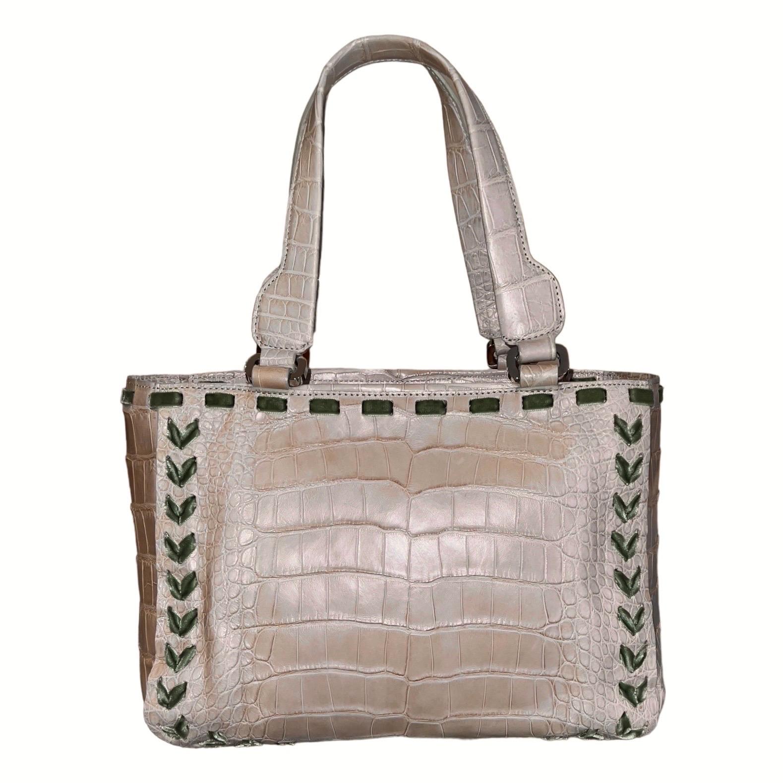 UNWORN Malo Exotic Demi-Matte Crocodile Skin Hand Bag Velvet Ribbon Trimming For Sale 1