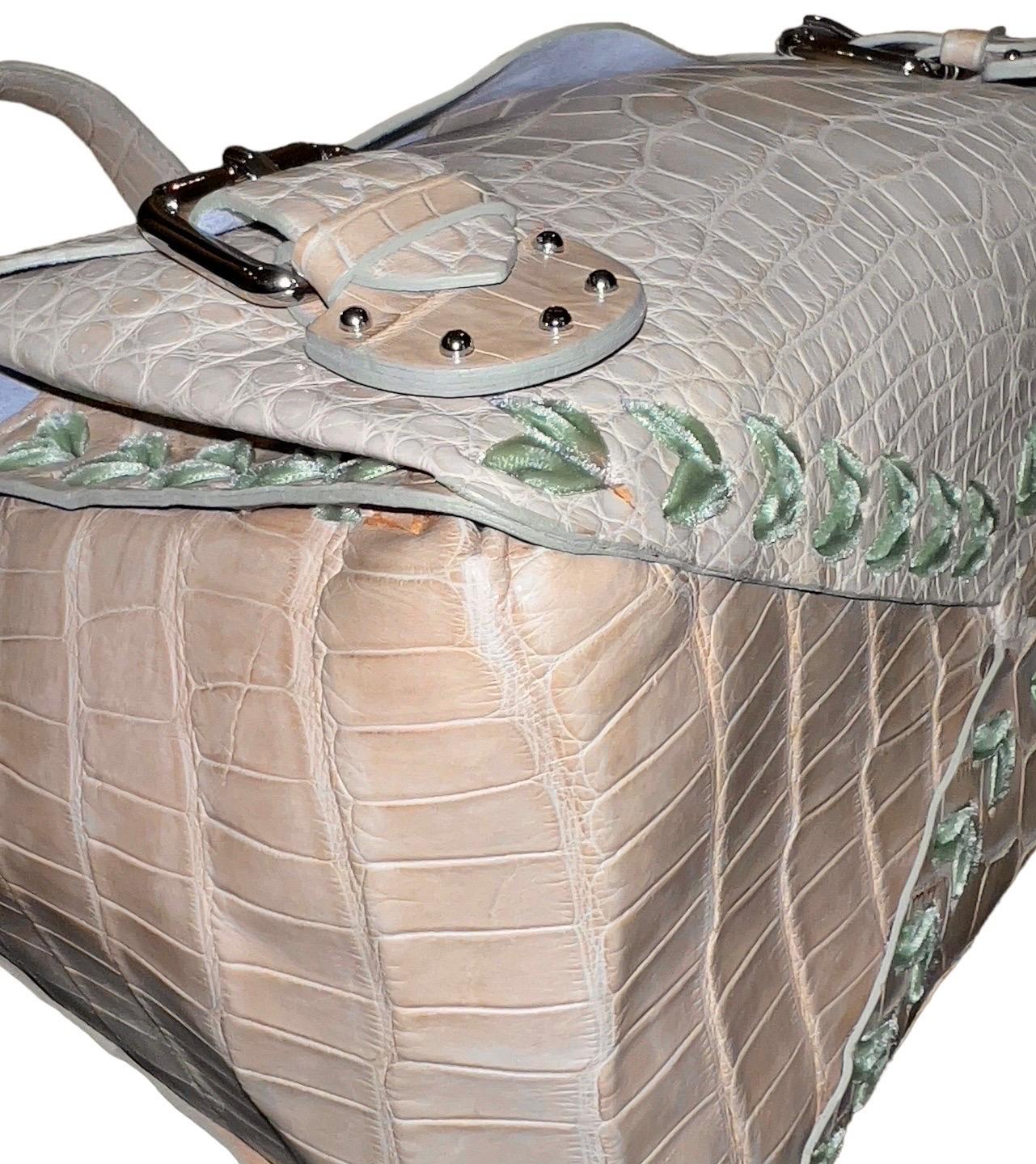 UNWORN Malo Exotic Demi-Matte Crocodile Skin Hand Bag Velvet Ribbon Trimming For Sale 2