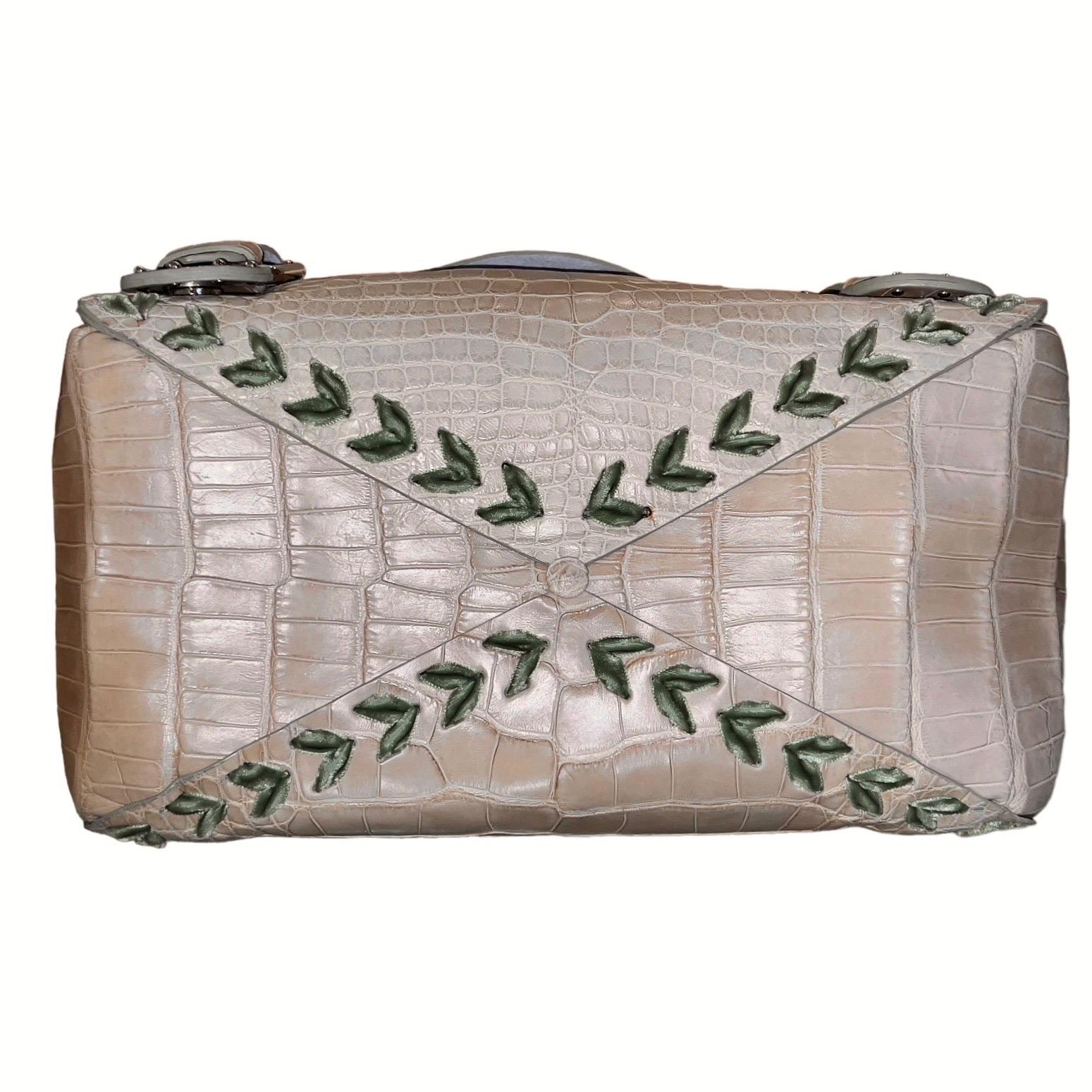 UNWORN Malo Exotic Demi-Matte Crocodile Skin Hand Bag Velvet Ribbon Trimming For Sale 2