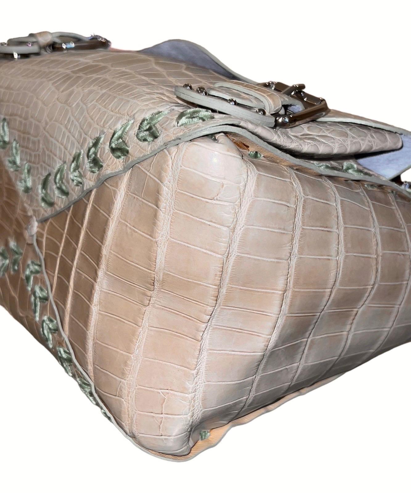 UNWORN Malo Exotic Demi-Matte Crocodile Skin Hand Bag Velvet Ribbon Trimming For Sale 4