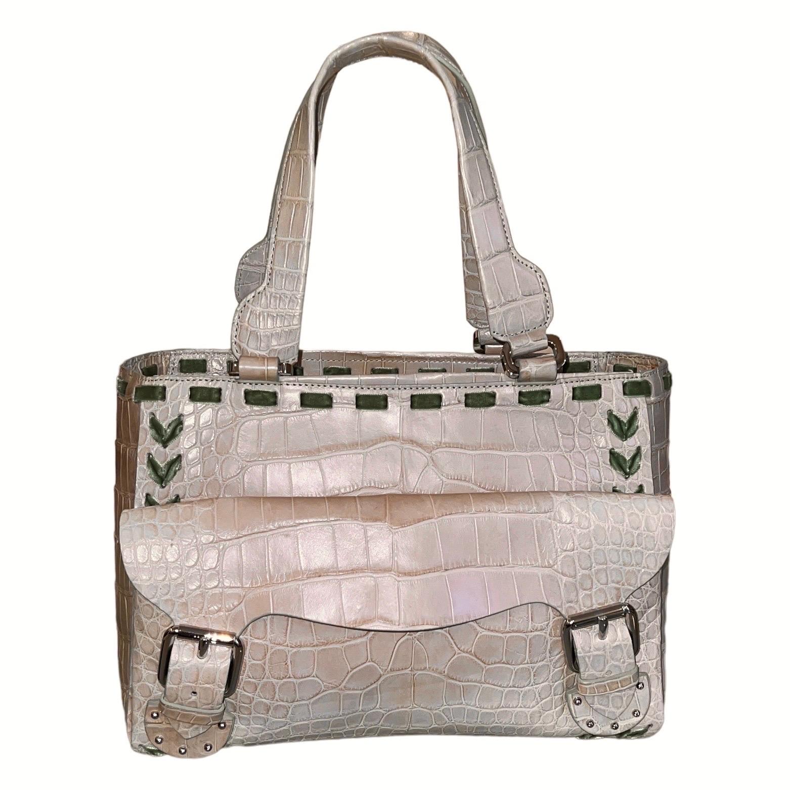 UNWORN Malo Exotic Demi-Matte Crocodile Skin Hand Bag Velvet Ribbon Trimming For Sale