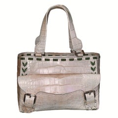 UNWORN Malo Exotic Demi-Matte Crocodile Skin Hand Bag Velvet Ribbon Trimming