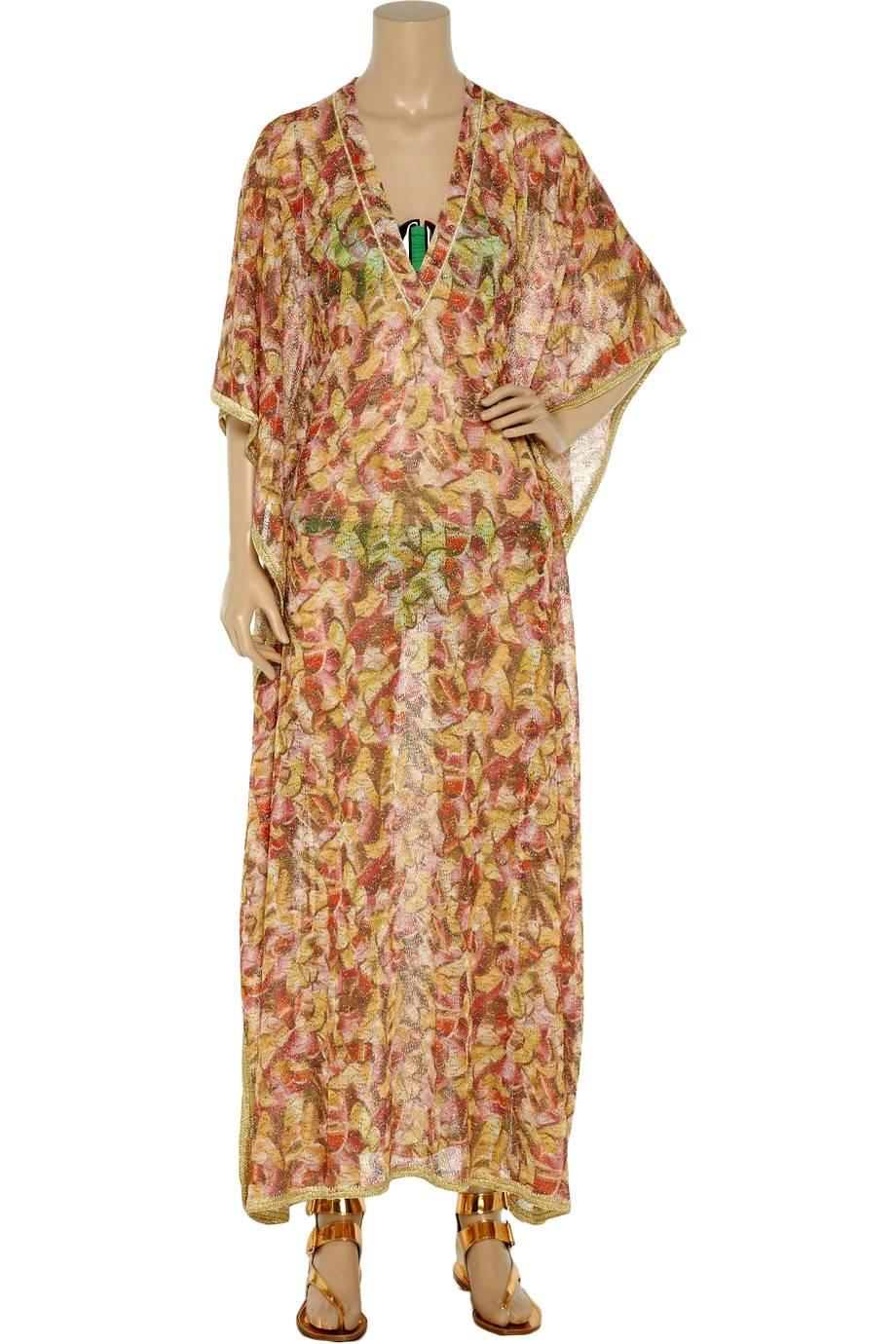 Beautiful multicolored golden lurex MISSONI kaftan maxi dress
Classic MISSONI signature knit
Maxi length
Simply slips on
V-Neck
Beautiful lurex crochet knits
Gold metallic trimming
 Batwing sleeves
    Dry Clean only
    Made in Italy
 

