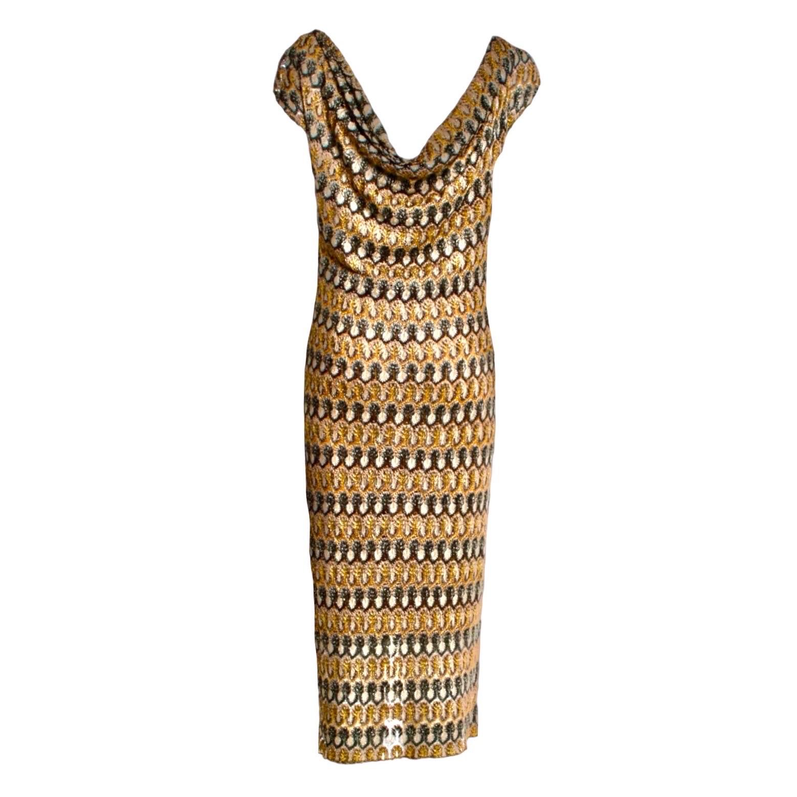 Cut a stylish silhouette in Missoni's multicolored Lurex-knit maxi dress with draped neckline.

A fantastic Missoni Crochet Knit Evening Gown
Draped top
Beautiful golden metallic crochet knit fabric with lurex thread
Includes silk slip dress (can be