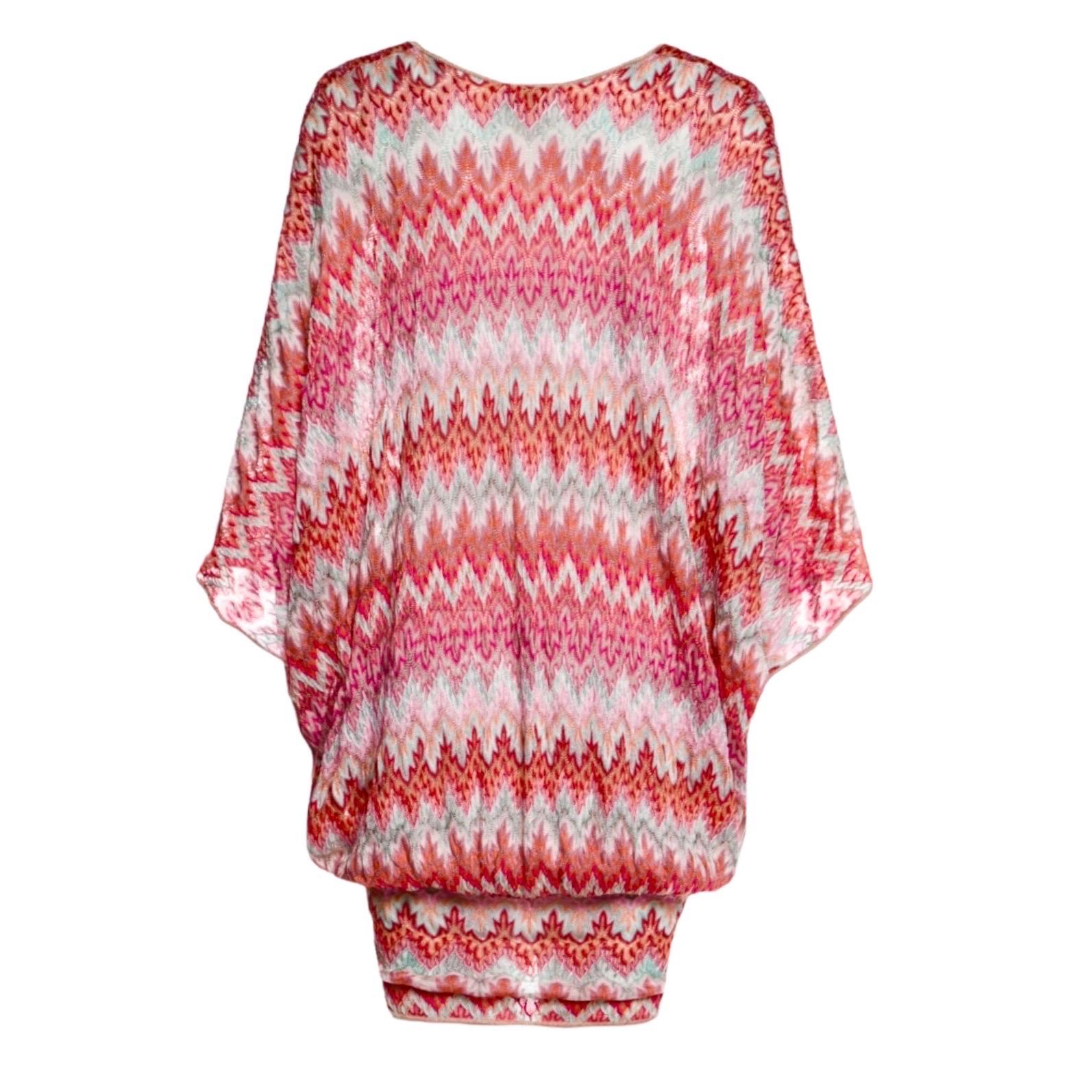Women's UNWORN Missoni Pink Crochet Knit V-Neck Kaftan Tunic Dress 38 For Sale