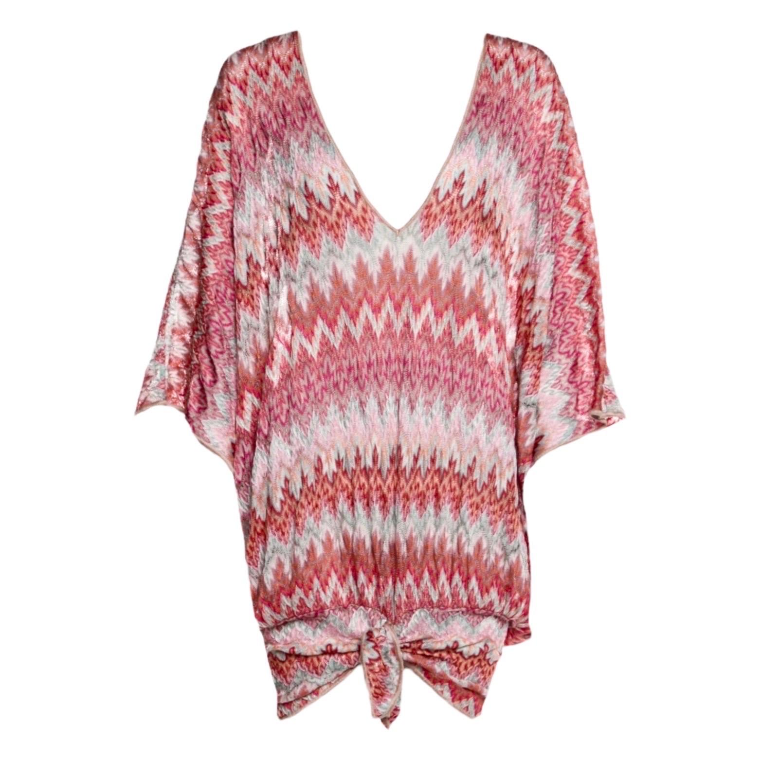 UNWORN Missoni Pink Crochet Knit V-Neck Kaftan Tunic Dress 38 For Sale 1