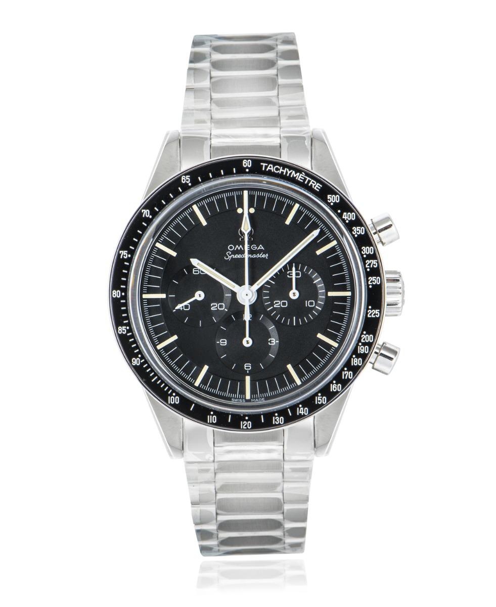 An unworn 39.7mm Speedmaster Moonwatch in stainless steel from Omega. Having featured in all six lunar missions, the legendary Speedmaster is one of the world's most iconic timepieces. Features a black dial with Moonwatch hands, three counters and a