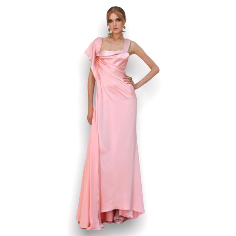 UNWORN Pink Versace Asymmetric Draped Goddess Engagement Evening Gown Dress  38 at 1stDibs | versace draped dress, goddess evening gown, pink dress  engagement photos