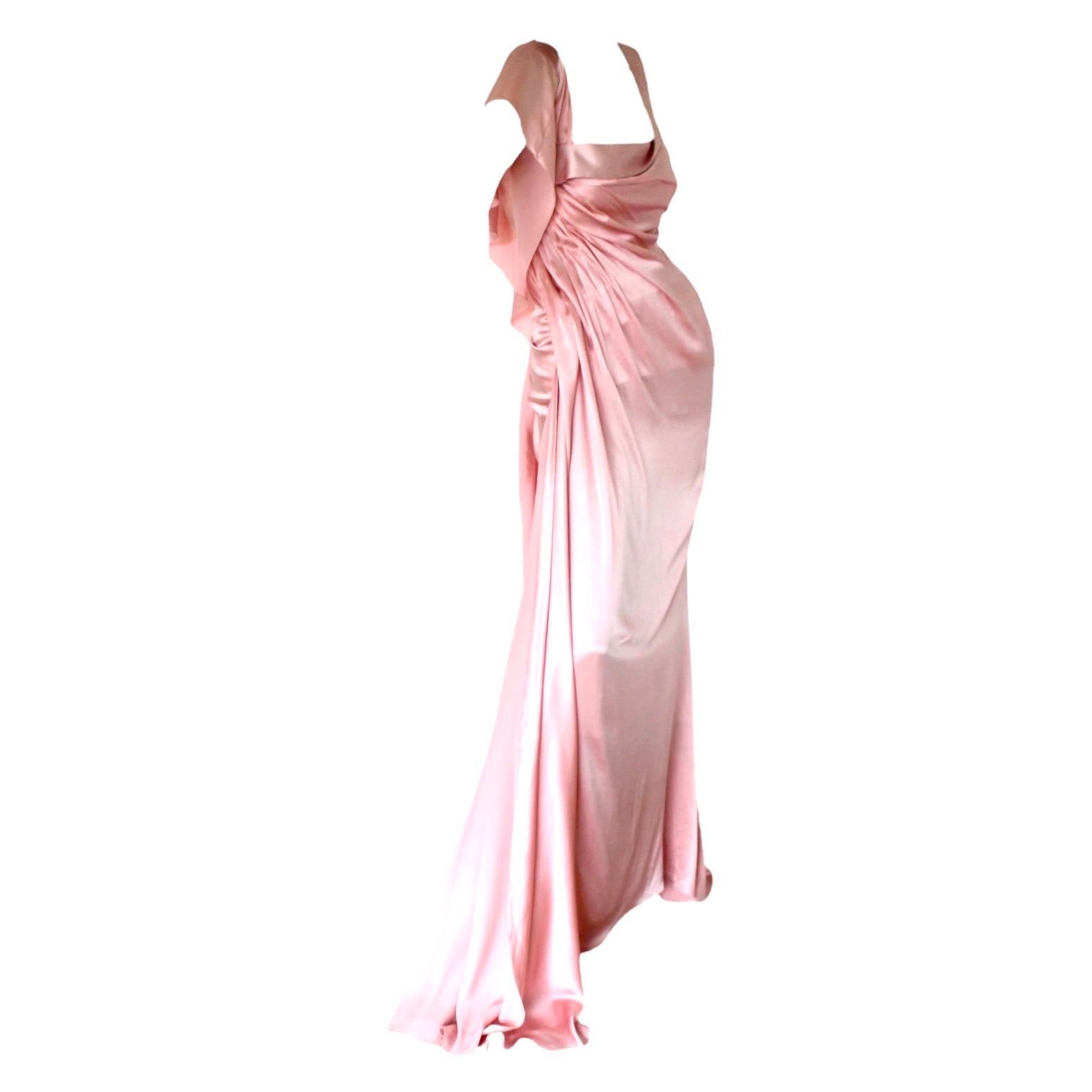 Beige UNWORN Pink Versace Asymmetric Draped Goddess Engagement Evening Gown Dress 38 For Sale