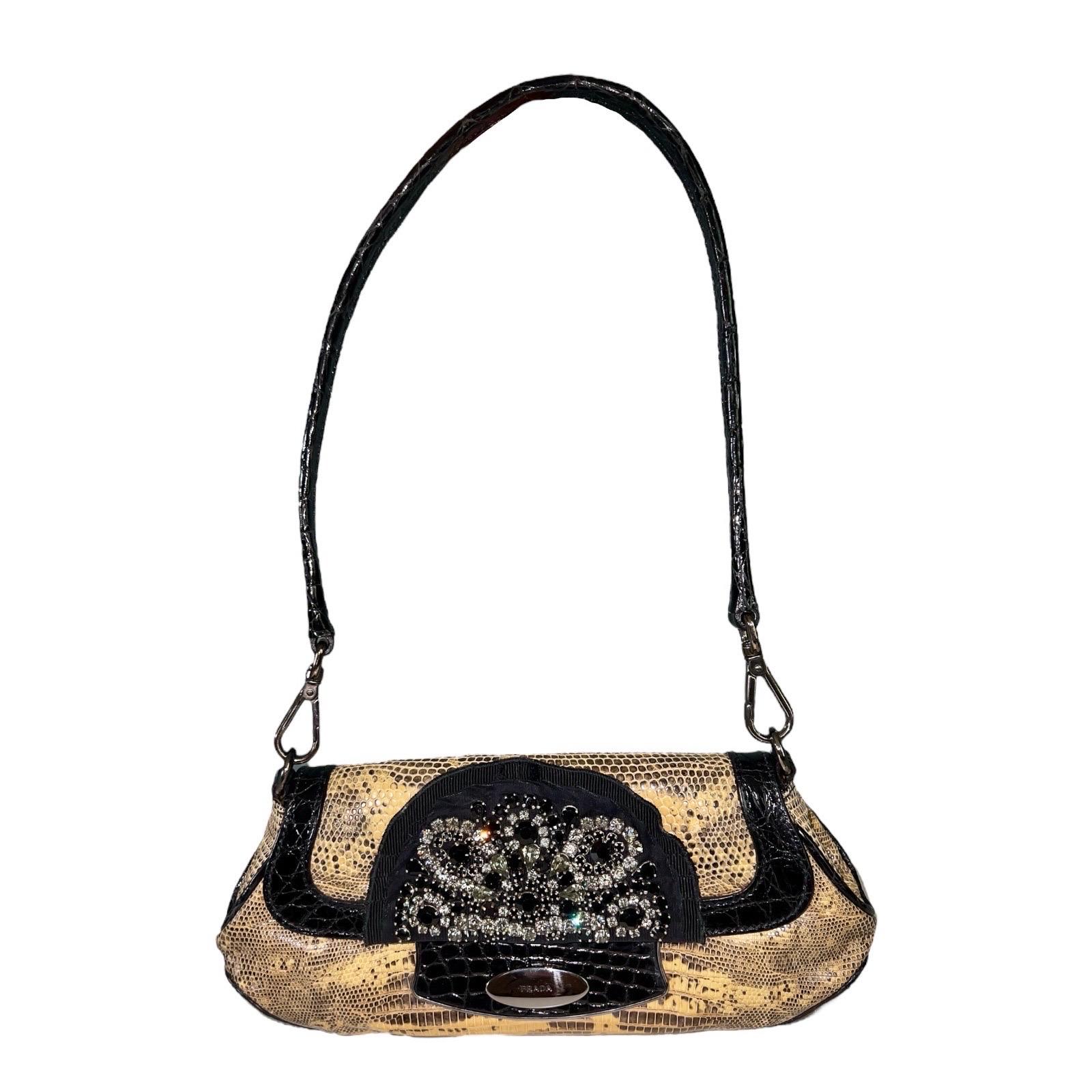 Unworn PRADA Exotic Lizard & Crocodile Clutch Shoulder Bag - Full Set Y2K For Sale 9