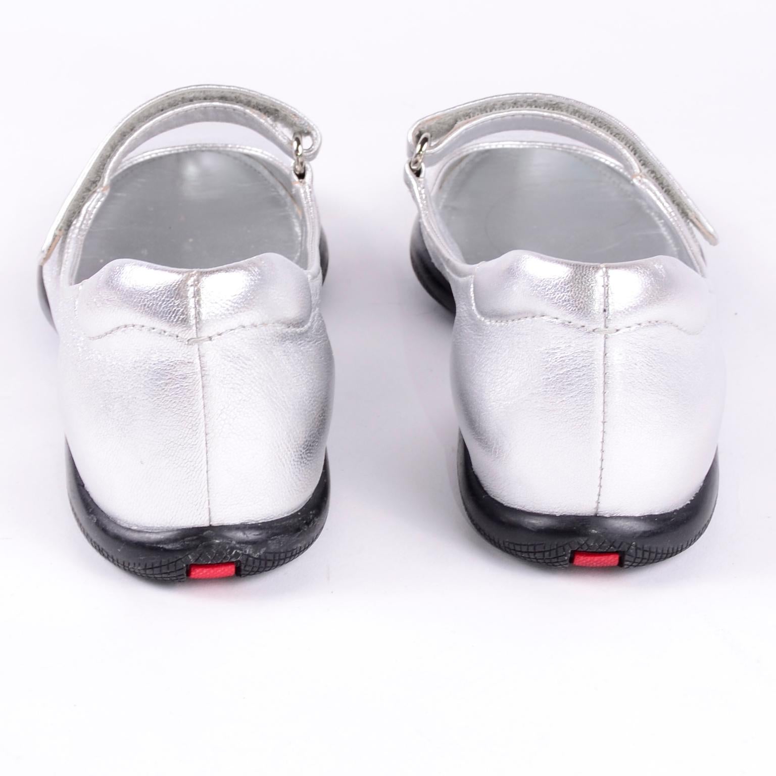 Unworn Prada Sport Silver Metallic Flats Mary Jane Leather Shoes Italian 39.5 3