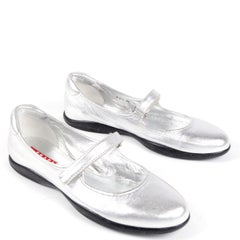 Unworn Prada Sport Silver Metallic Flats Mary Jane Leather Shoes Italian 39.5
