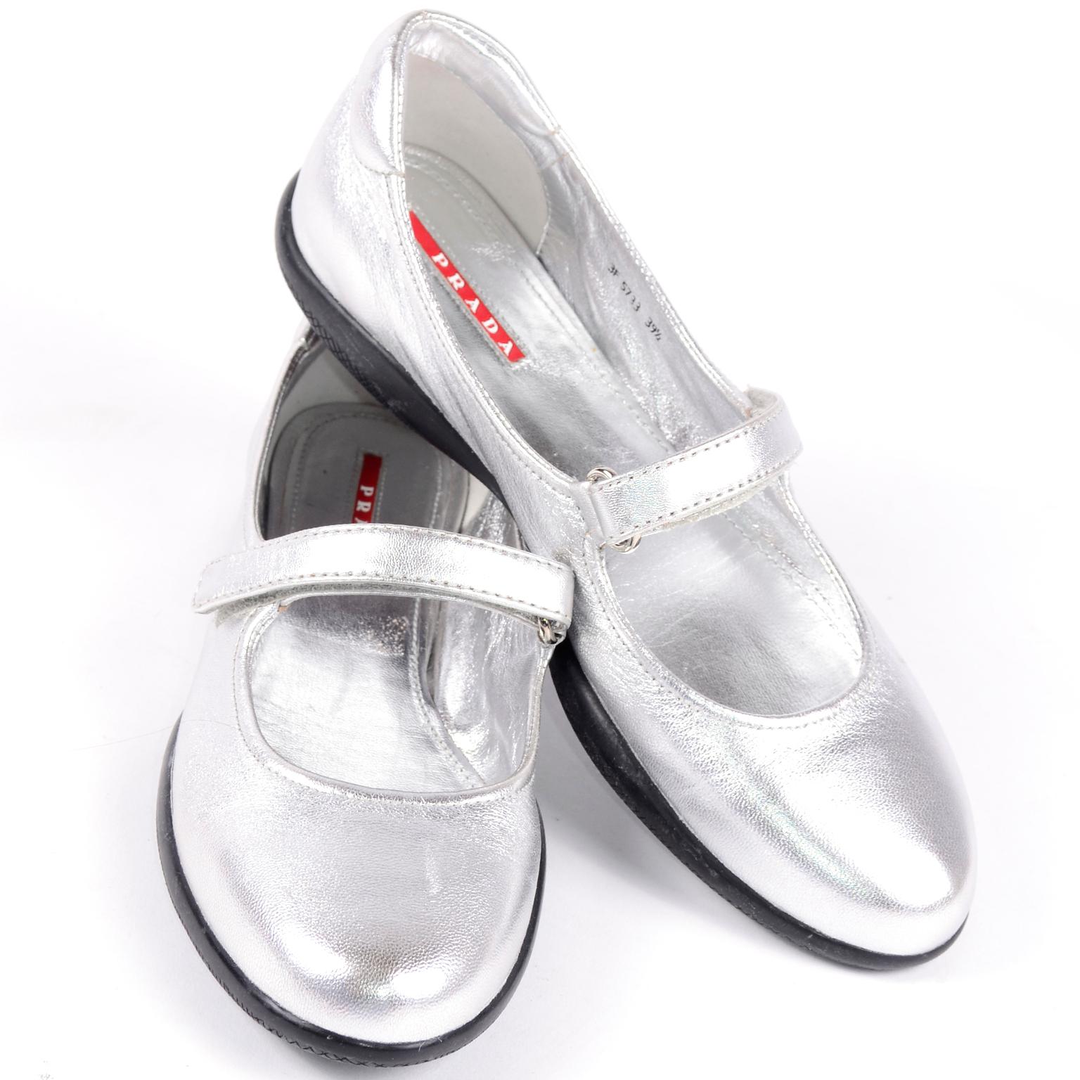 Women's Unworn Prada Sport Silver Metallic Flats Mary Jane Leather Shoes Italian 39.5