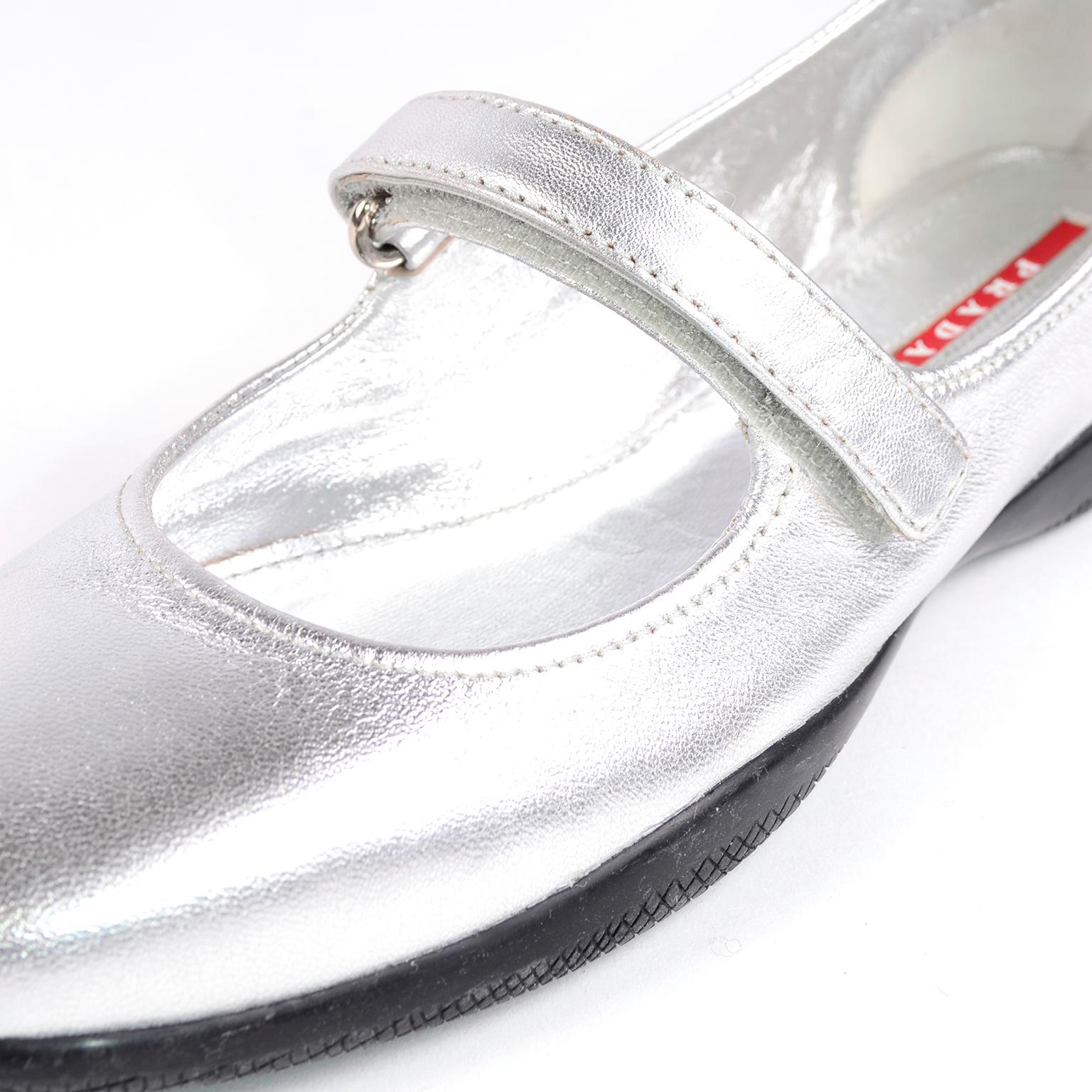 Unworn Prada Sport Silver Metallic Flats Mary Jane Leather Shoes Italian 39.5 2