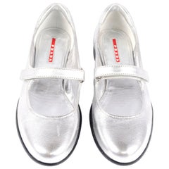 Vintage Unworn Prada Sport Silver Metallic Flats Mary Jane Leather Shoes Italian 39.5